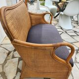 Vintage bench 2 places in rattan and woven rice straw.