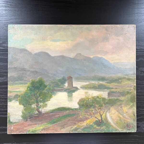 Tableau ancien paysage lac et montagne