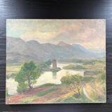 Old lake and mountain landscape painting