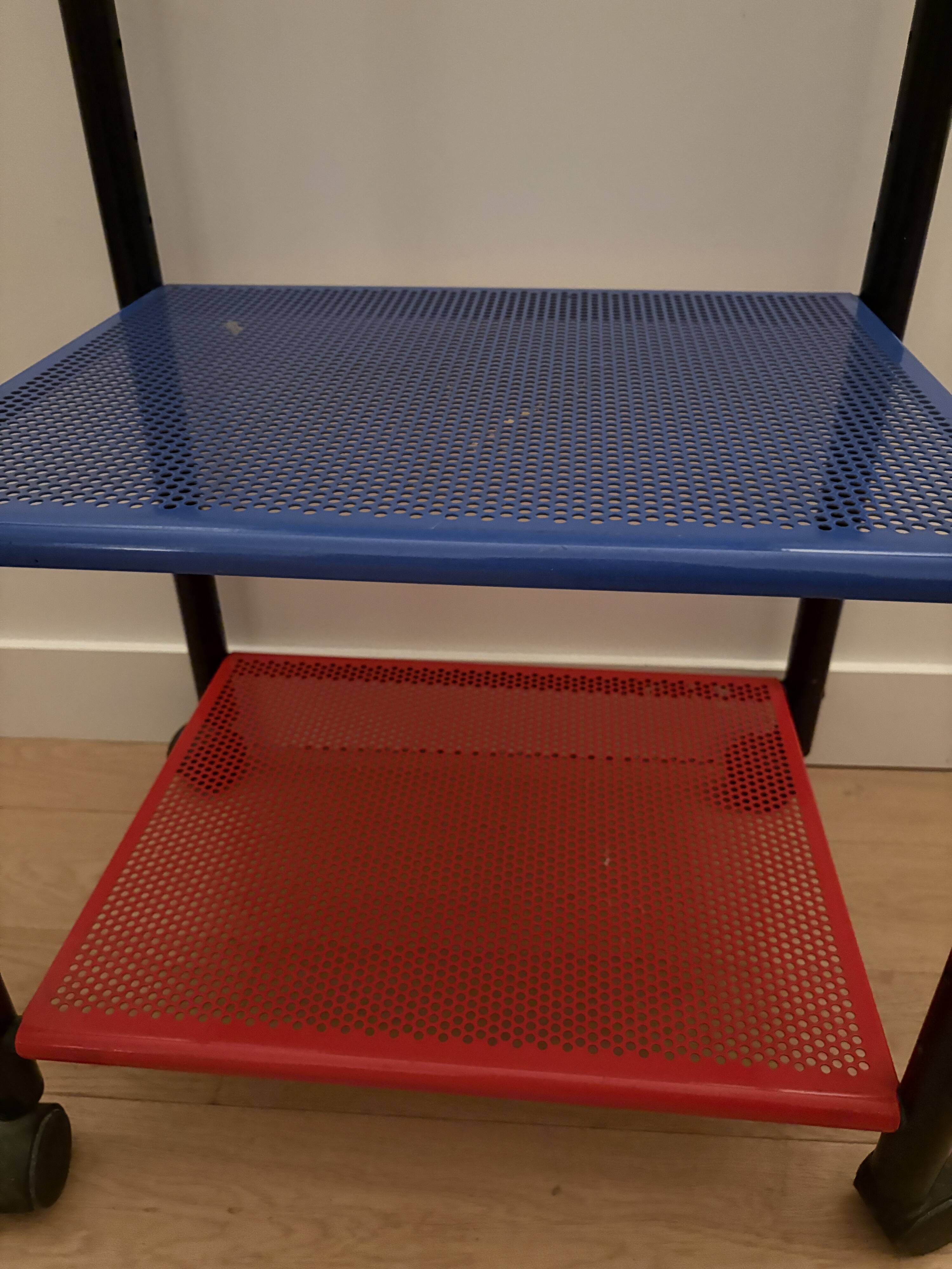 Vintage 4-tier perforated metal serving cart on wheels, 1980s style