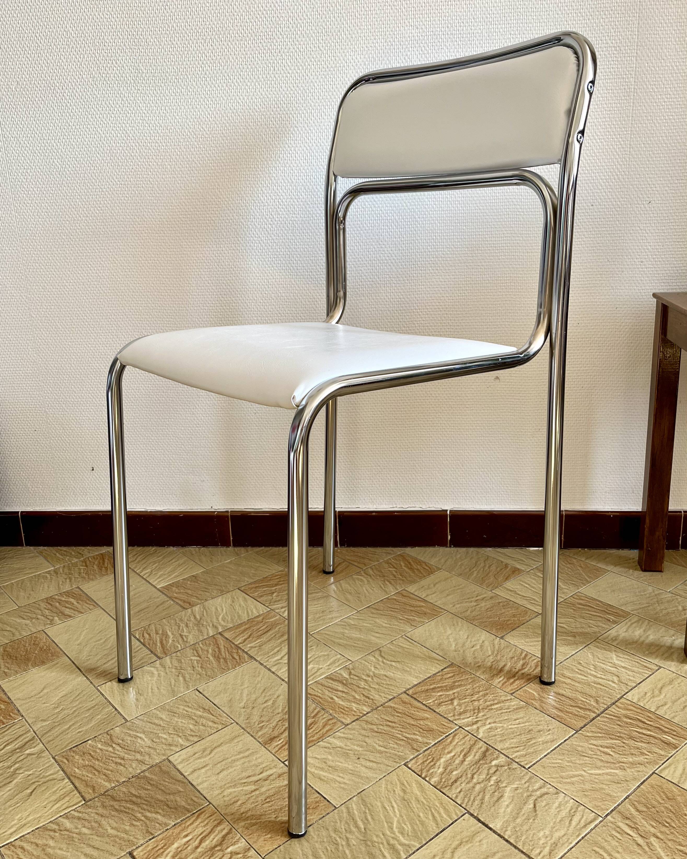 Designer tubular steel and white Skai chair, 1970s