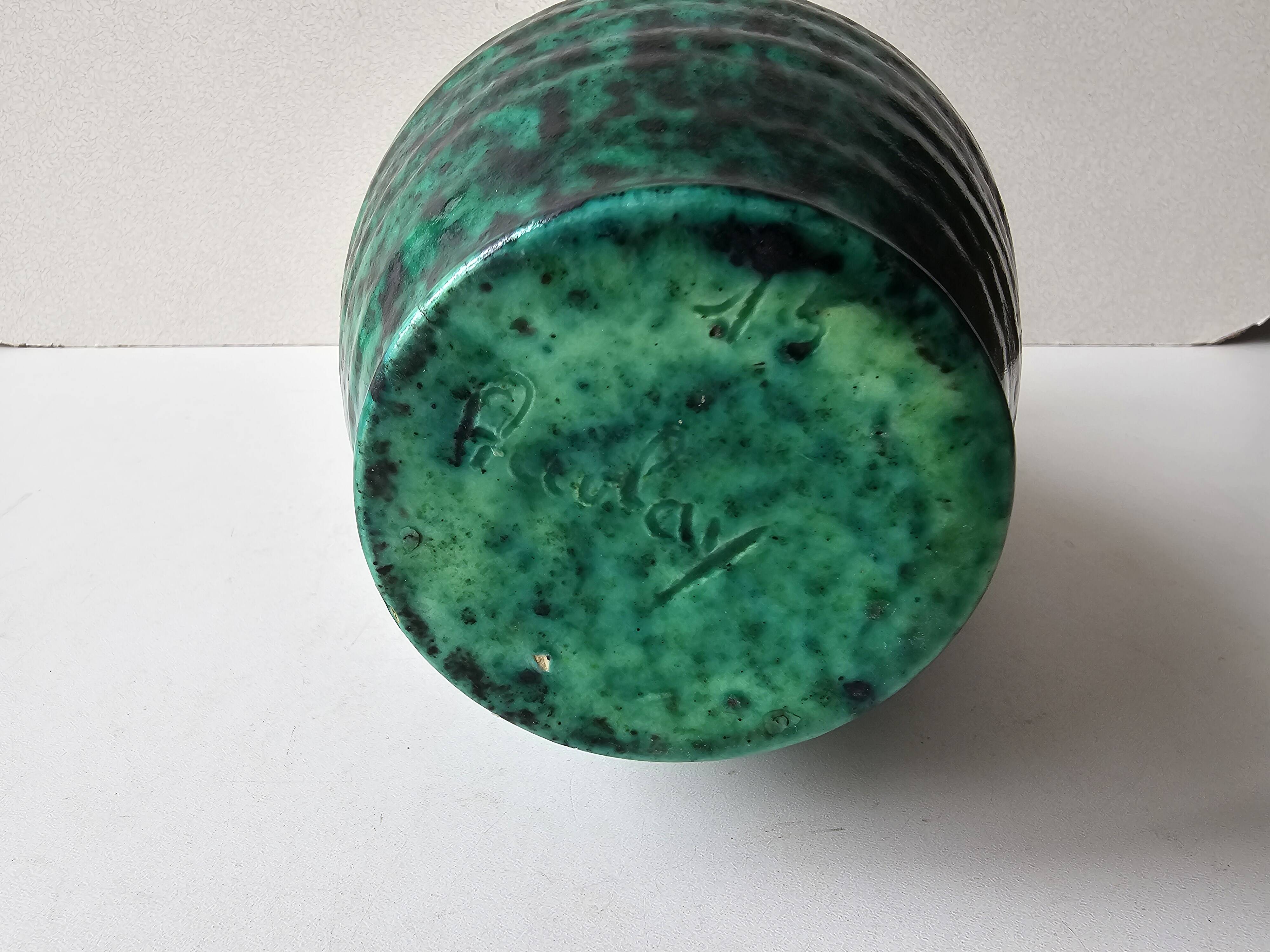 Green glazed ceramic pitcher Signed ACCOLAY