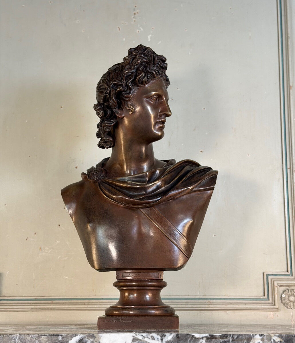 Bronze patina bust medal, Apollo of the Belvedere, bronzier Luppens, 19th century