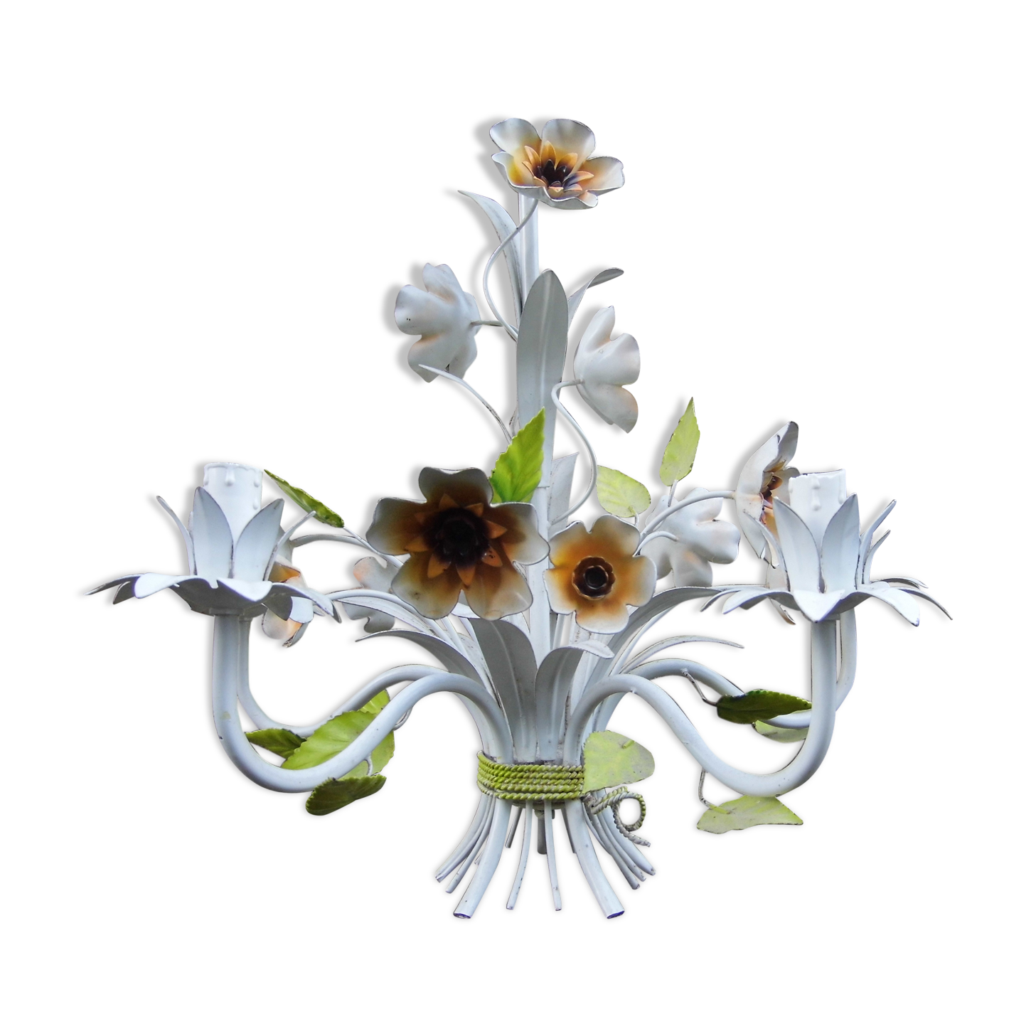 chandelier, painted sheet metal suspension, floral décor, vintage 80s