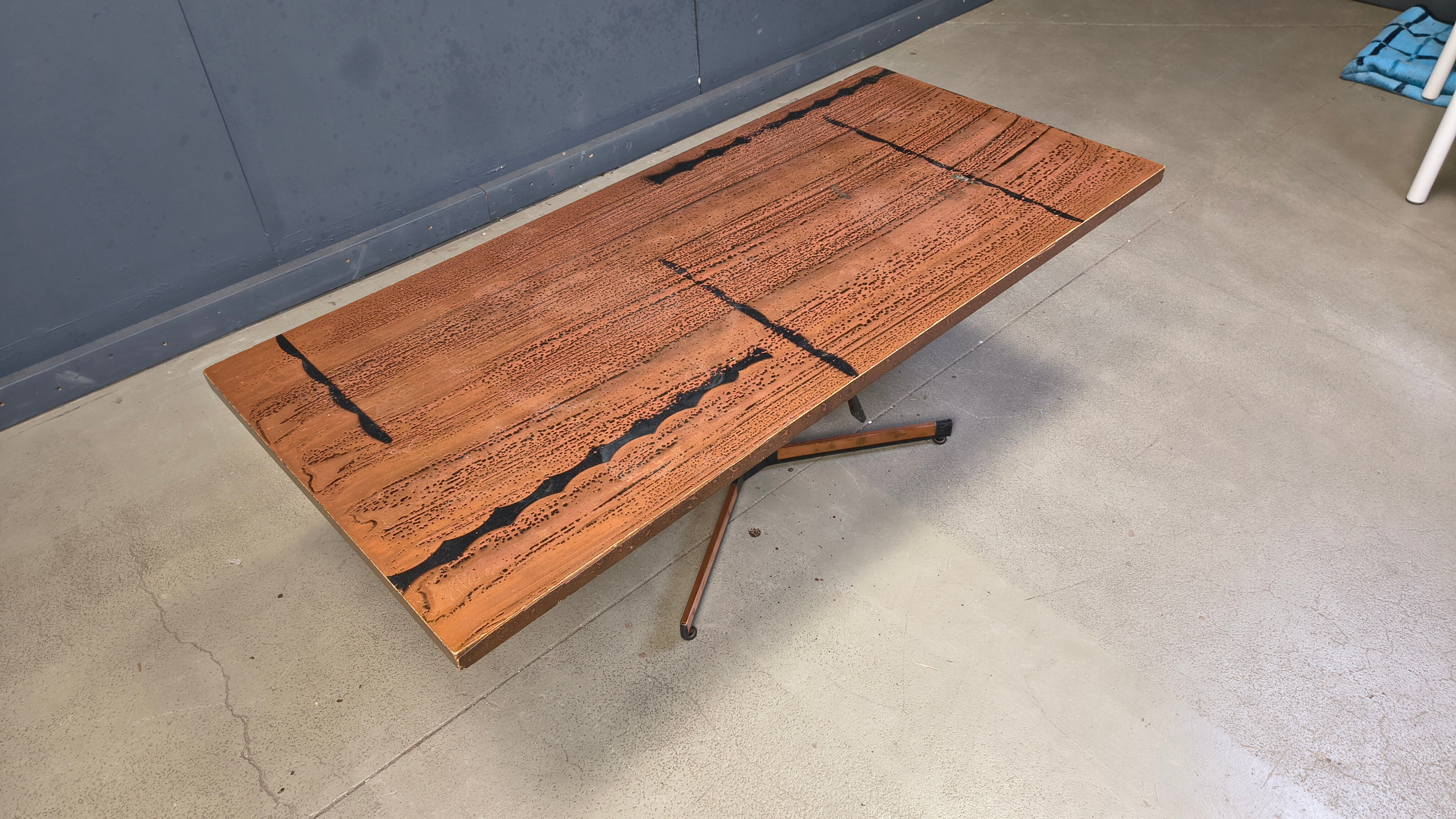 Modernist copper coffee table adjustable in height, 1960s