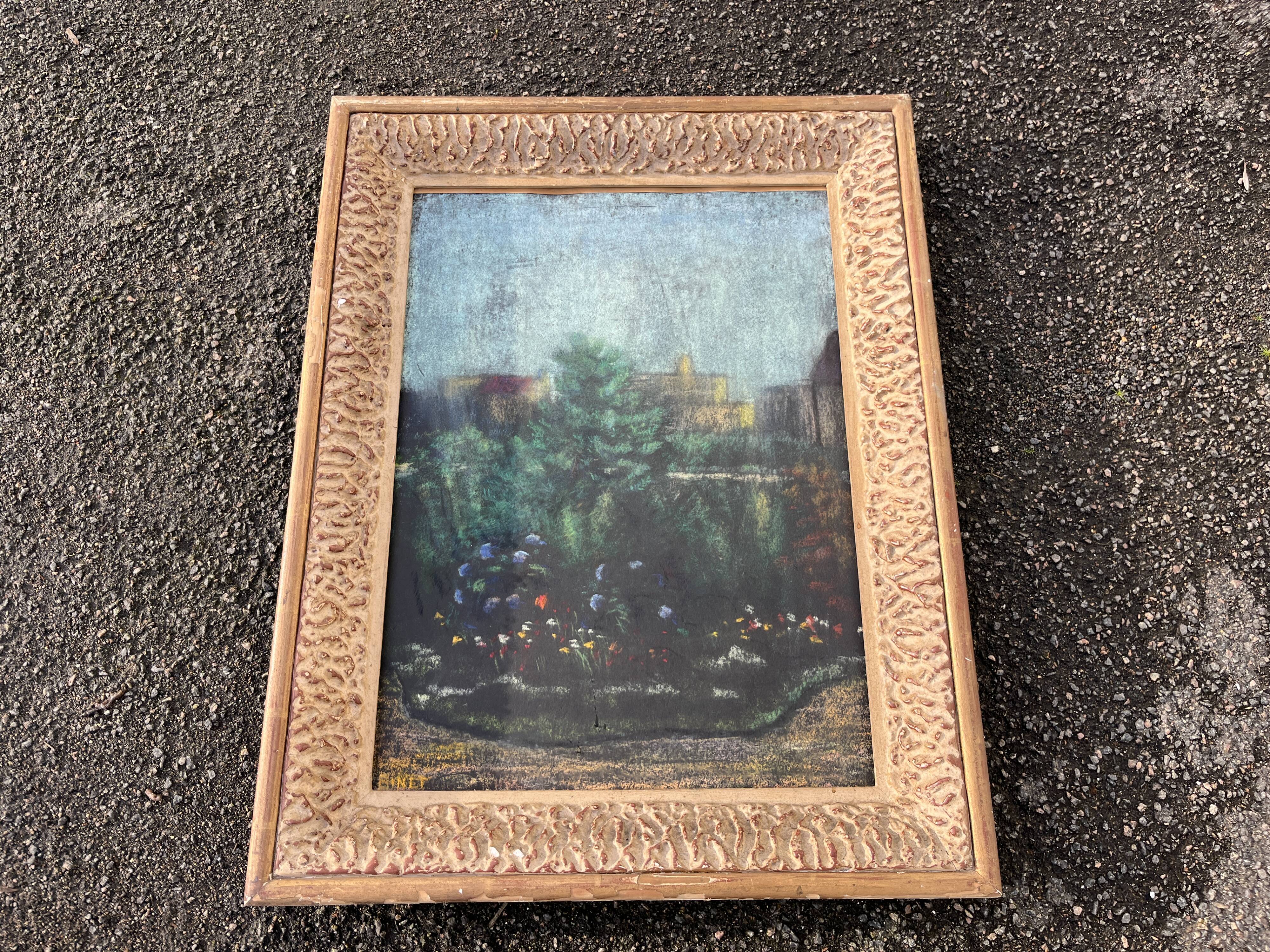 Old large pastel tableau - Scene of a wooded and flowered garden