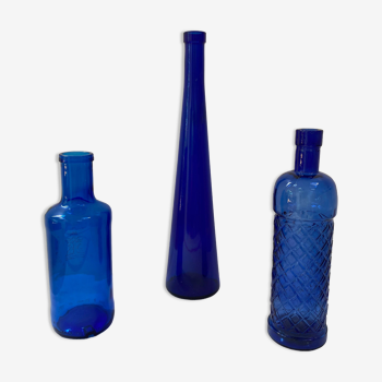 Set of 3 cobalt blue glass bottles