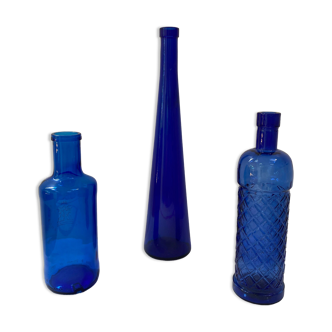 Set of 3 cobalt blue glass bottles