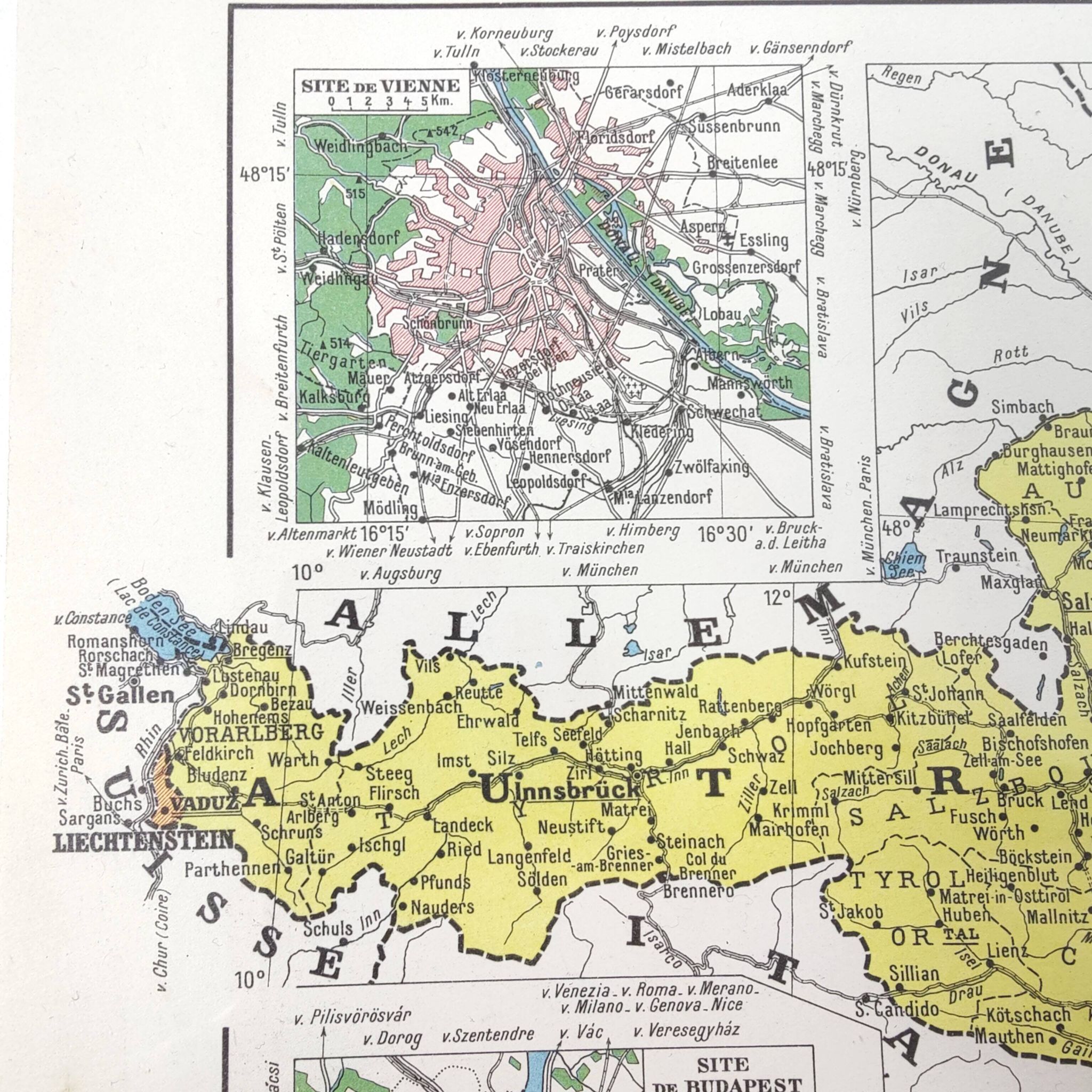 Old map of Austria, Czechoslovakia, Hungary 43x43cm from 1950