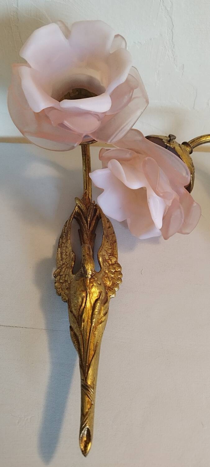 Pair of bronze swan and pink tulip wall lights in glass paste