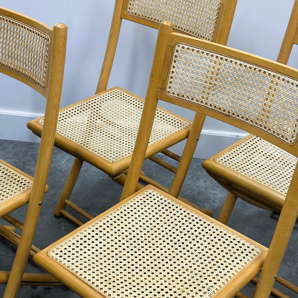 Rare set of four Belgian folding chairs in solid wood and hand-woven cane, mid-century