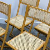 Rare set of four Belgian folding chairs in solid wood and hand-woven cane, mid-century