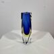Murano flavio poli vase carré vintage en verre bleu et jaune