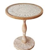 Vintage Round Solid Wood Side Table, French Retro Style, Moroccan Carvings Accent Corner Table