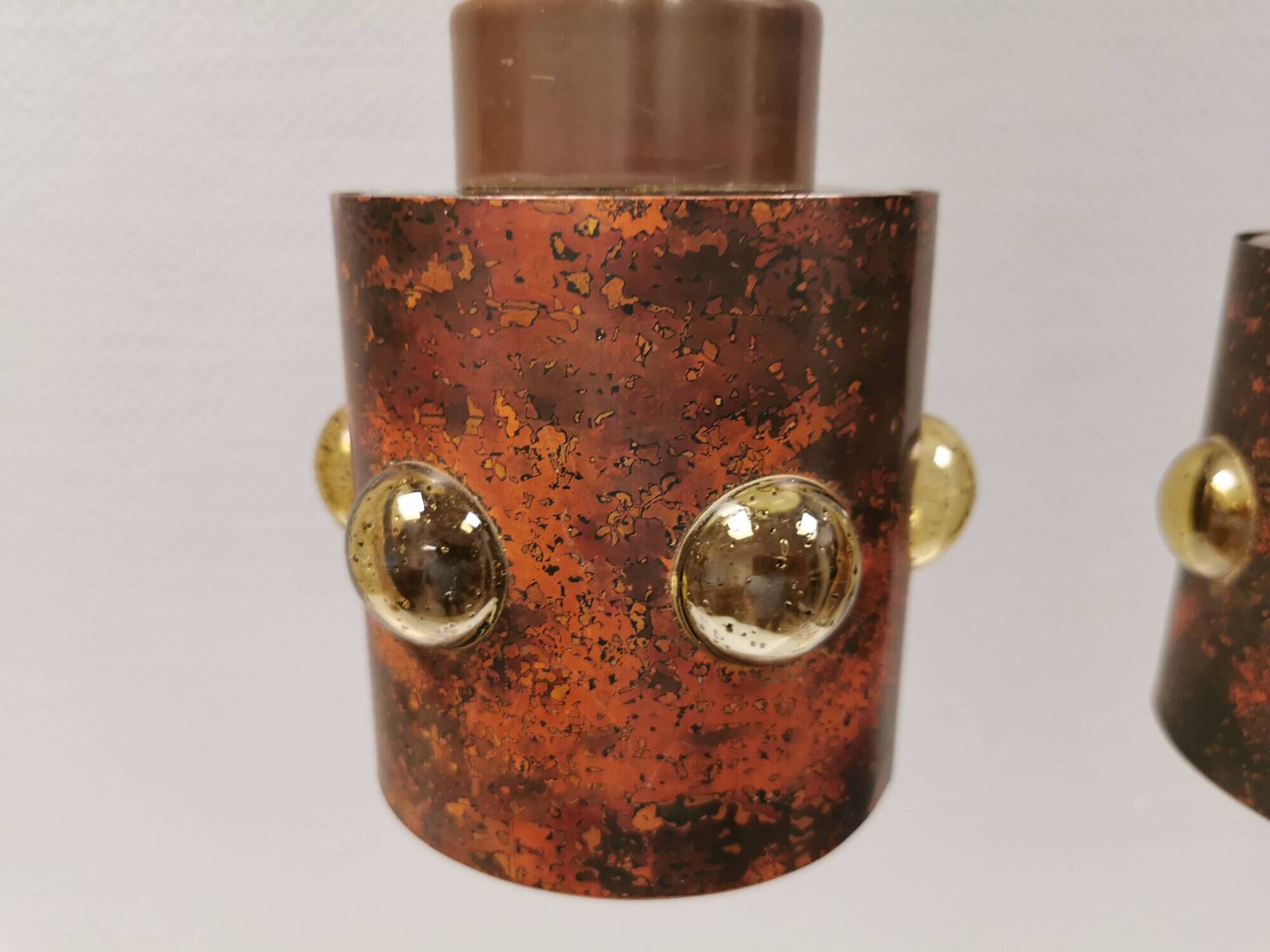 Two beautiful hanging lamps made of thin copper with inlaid glass 1970-80s
