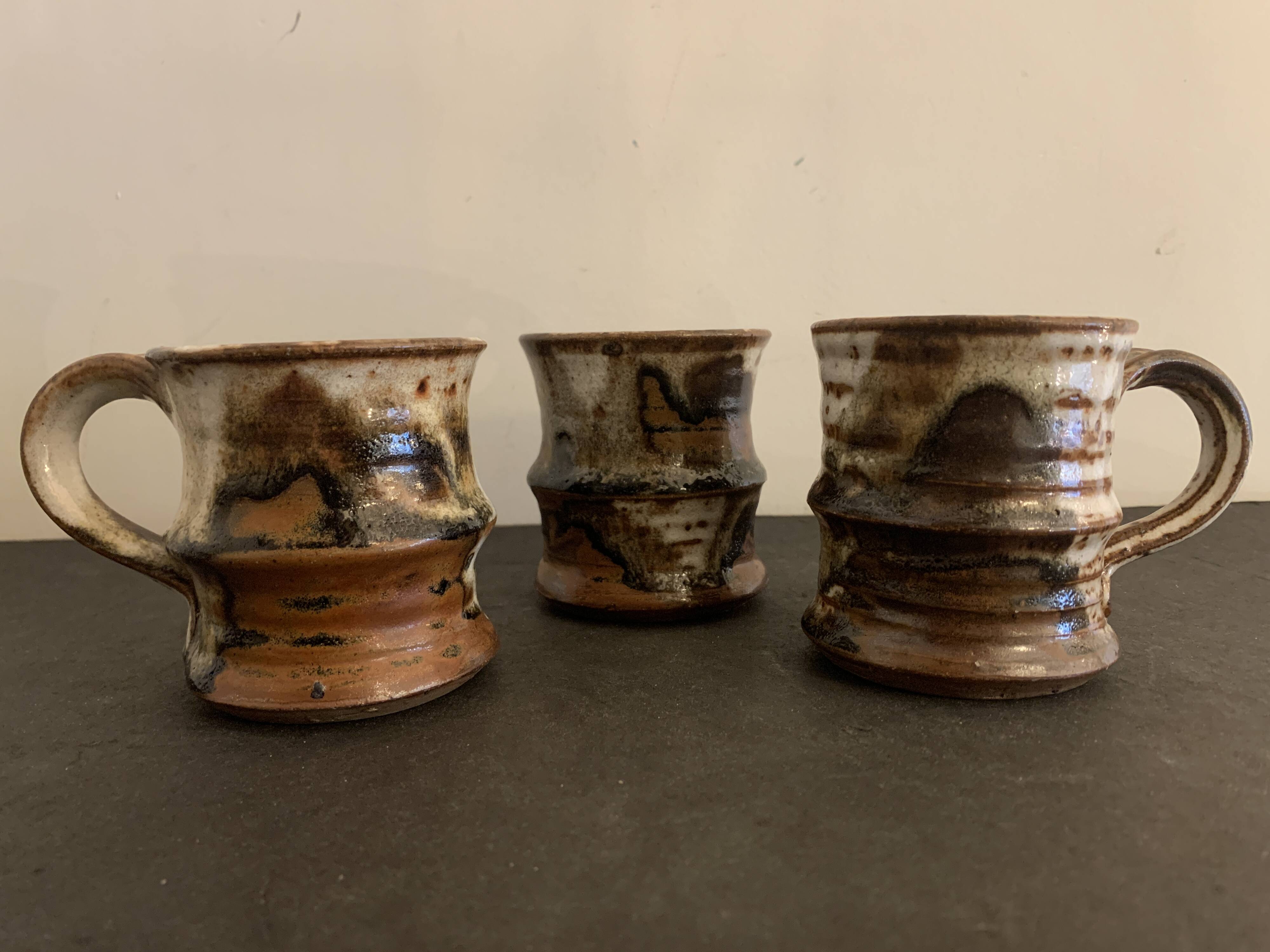 Set of 3 Danish Waldorff cups and 3 saucers in glazed stoneware