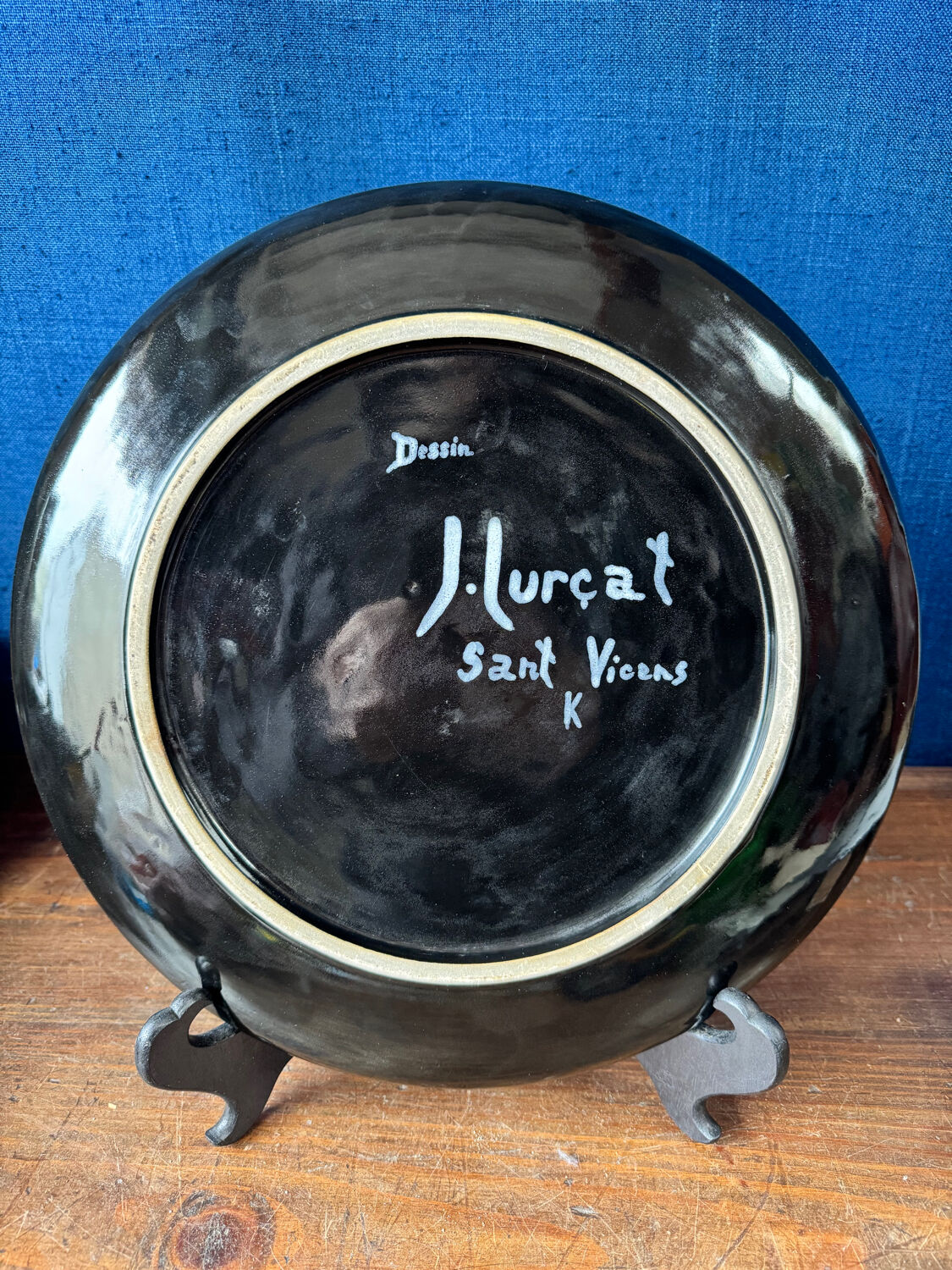 Large ceramic plate J. Lurçat with zoomorphic decoration in black on a white background.