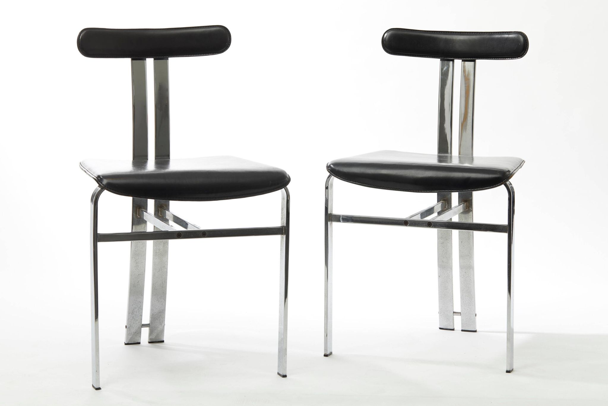 Pair of vintage Italian made dining chairs in chromed metal and black leather