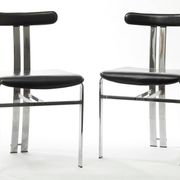Pair of vintage Italian made dining chairs in chromed metal and black leather