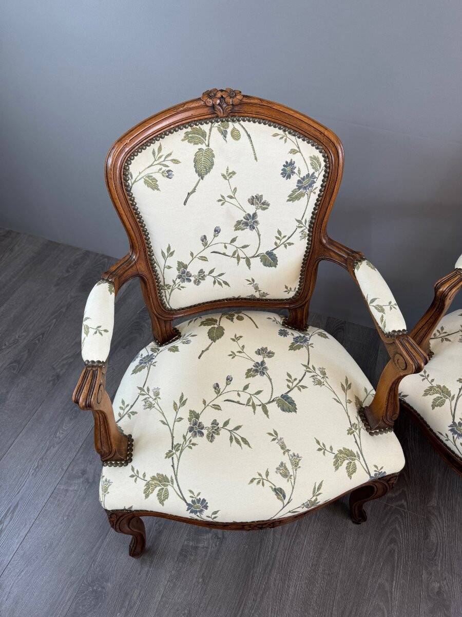 Pair of Louis XV Style Armchairs and Two Footstools, 19th Century