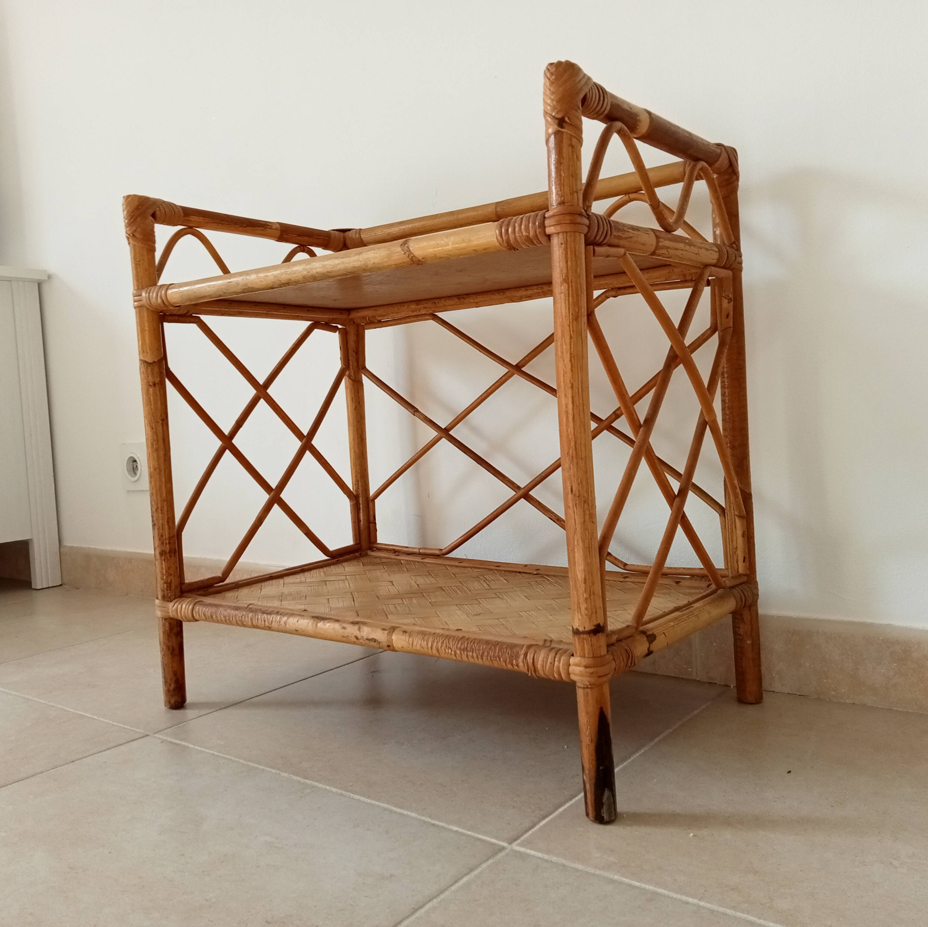 Bamboo and rattan shelf side table by Audoux and Minnet 1950s