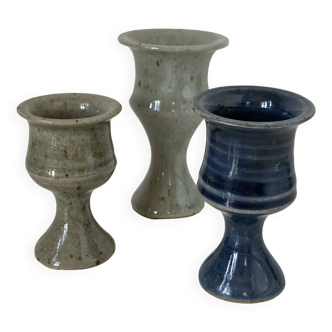Set of three small candlesticks in glazed sandstone from Puisaye