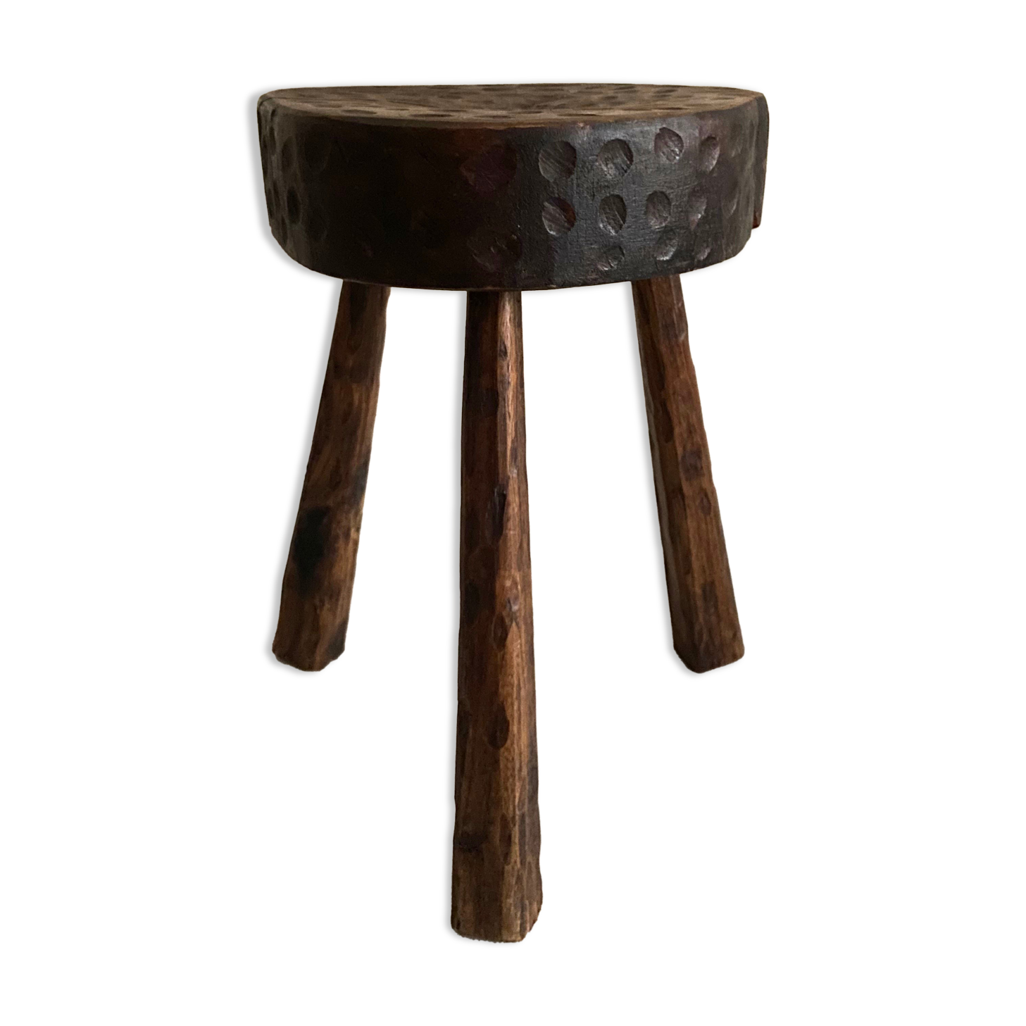 Brutalist tipode stool in carved wood