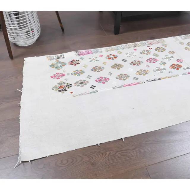 Vintage Turkish Oushak handmade wool cotton white kilim runner rug 68x215