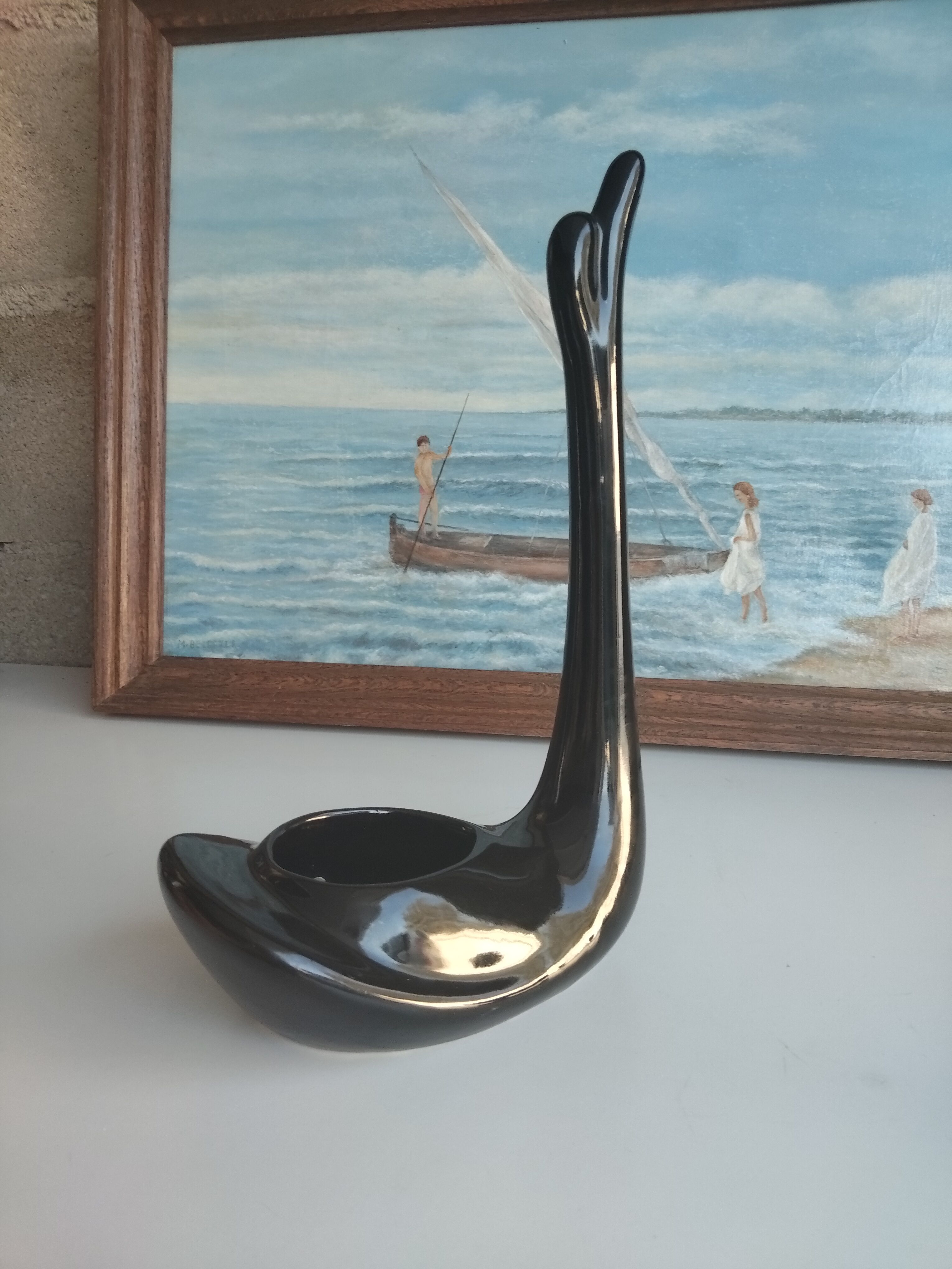 Vintage black ceramic swan planter – 1960s