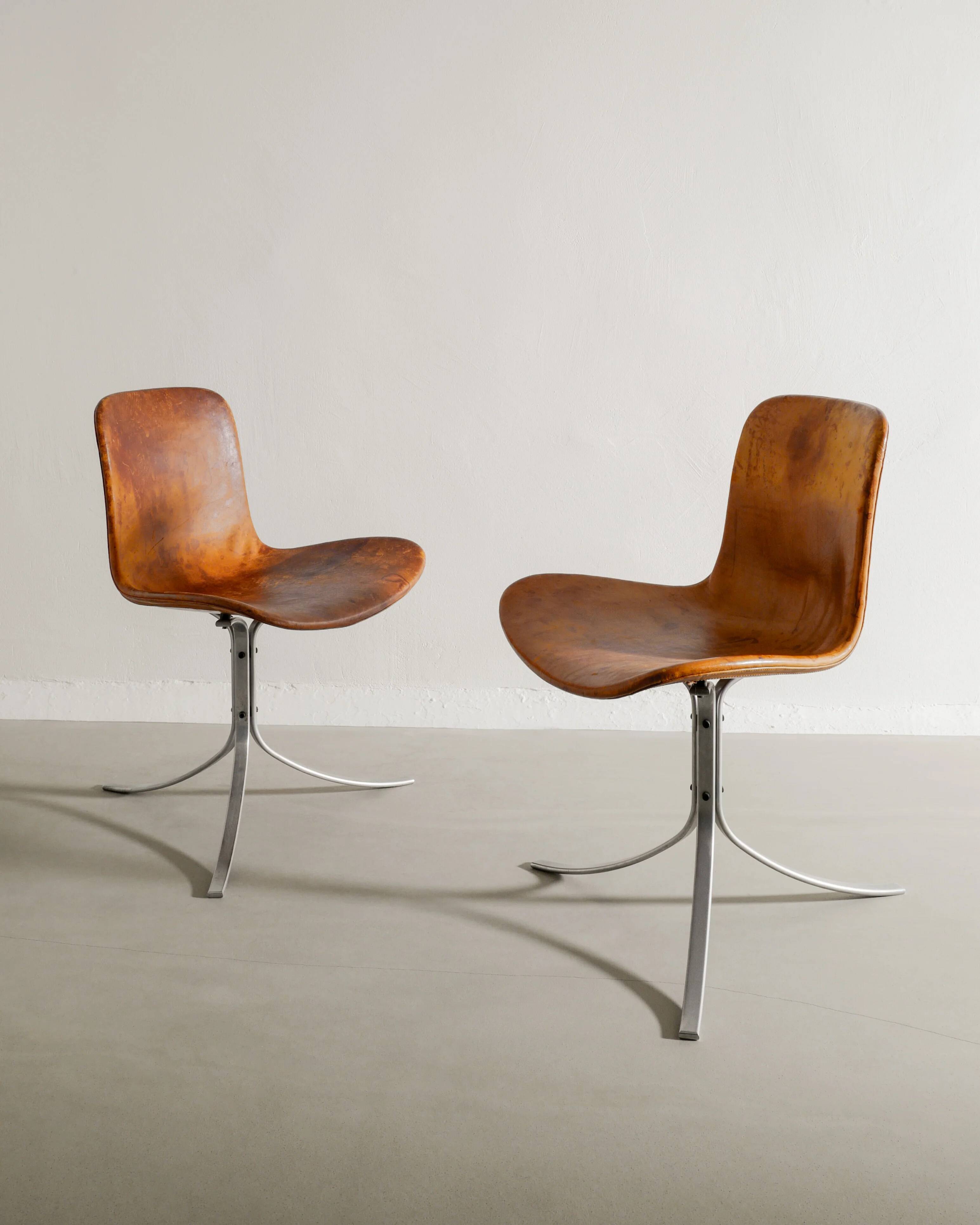 Set of Six Vintage Poul Kjaerholm PK-9 Dining Chairs Brown Leather, 1960s