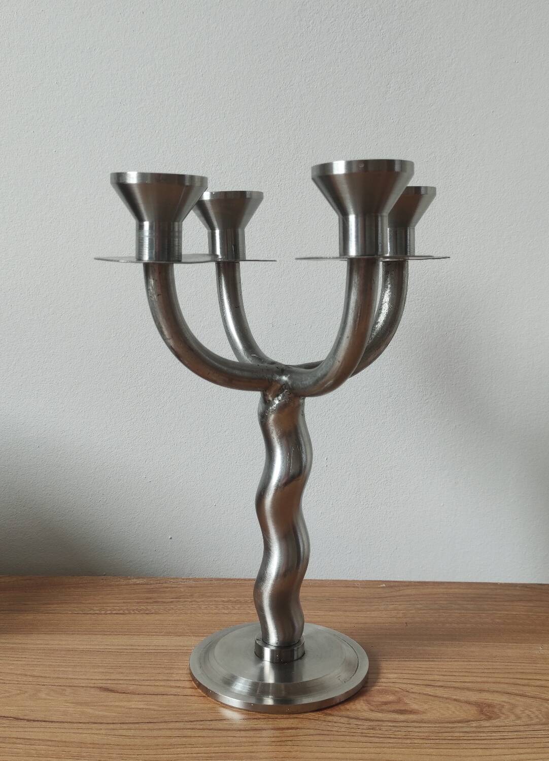 Vintage brutalist chandelier with 4 lights in brushed metal.