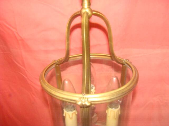 cylindrical bronze and glass vestibule lantern with 3 candle holders