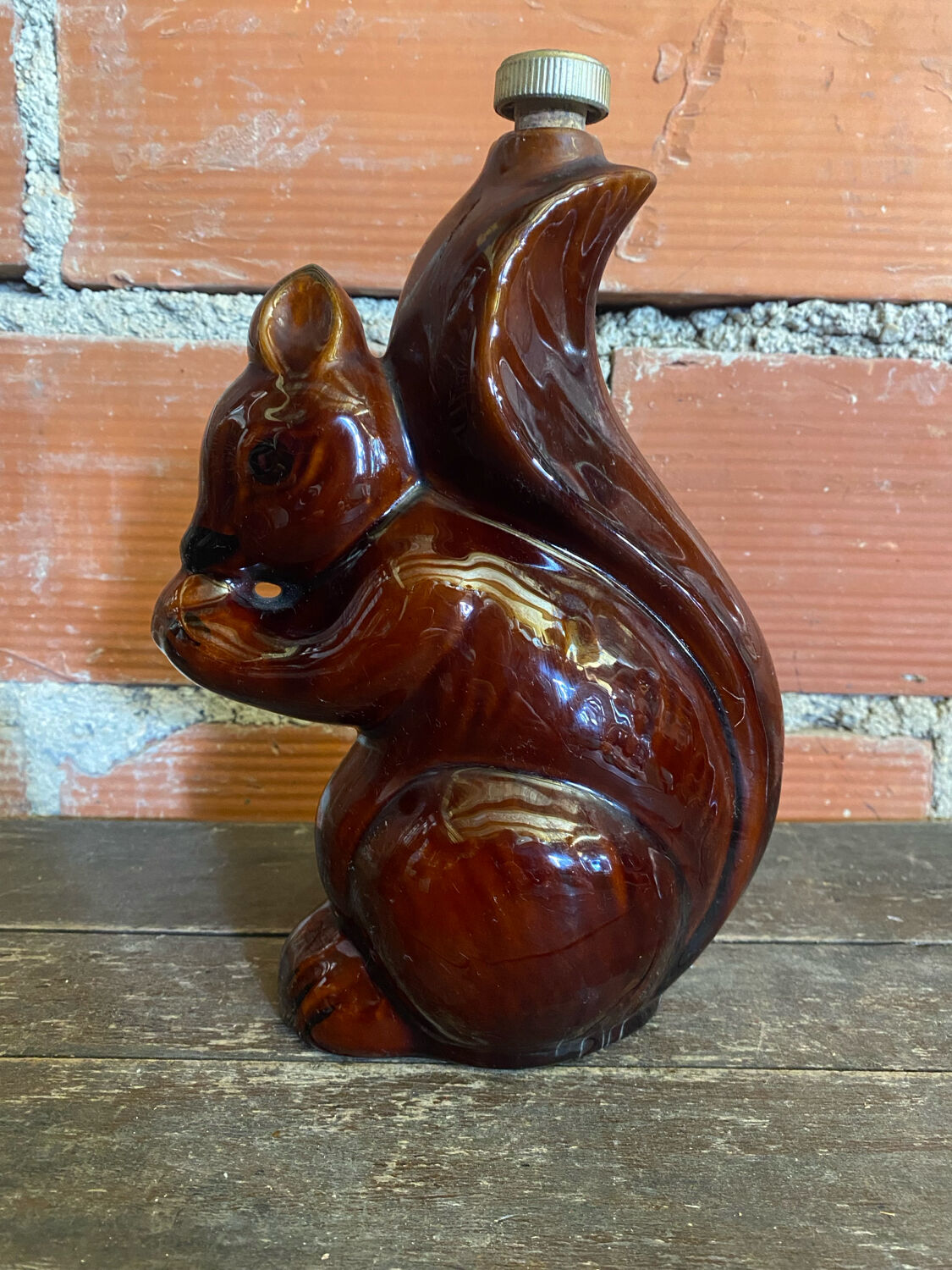 Vintage Brown Glazed Stoneware Squirrel-Shaped Bottle + Cork