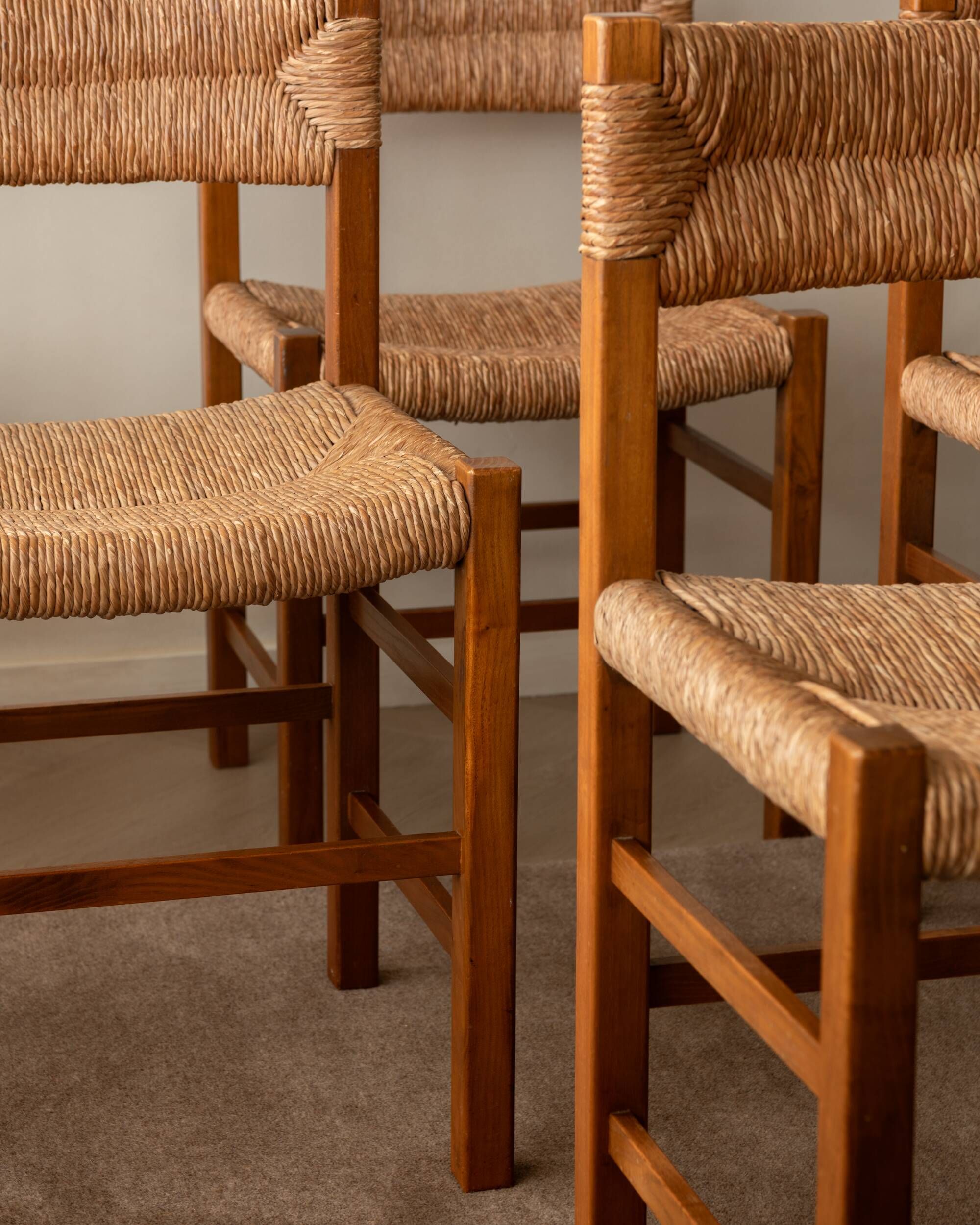 Vintage set of six French mid-century dining chairs in wood and rush, 1960s
