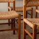 Vintage set of six French mid-century dining chairs in wood and rush, 1960s