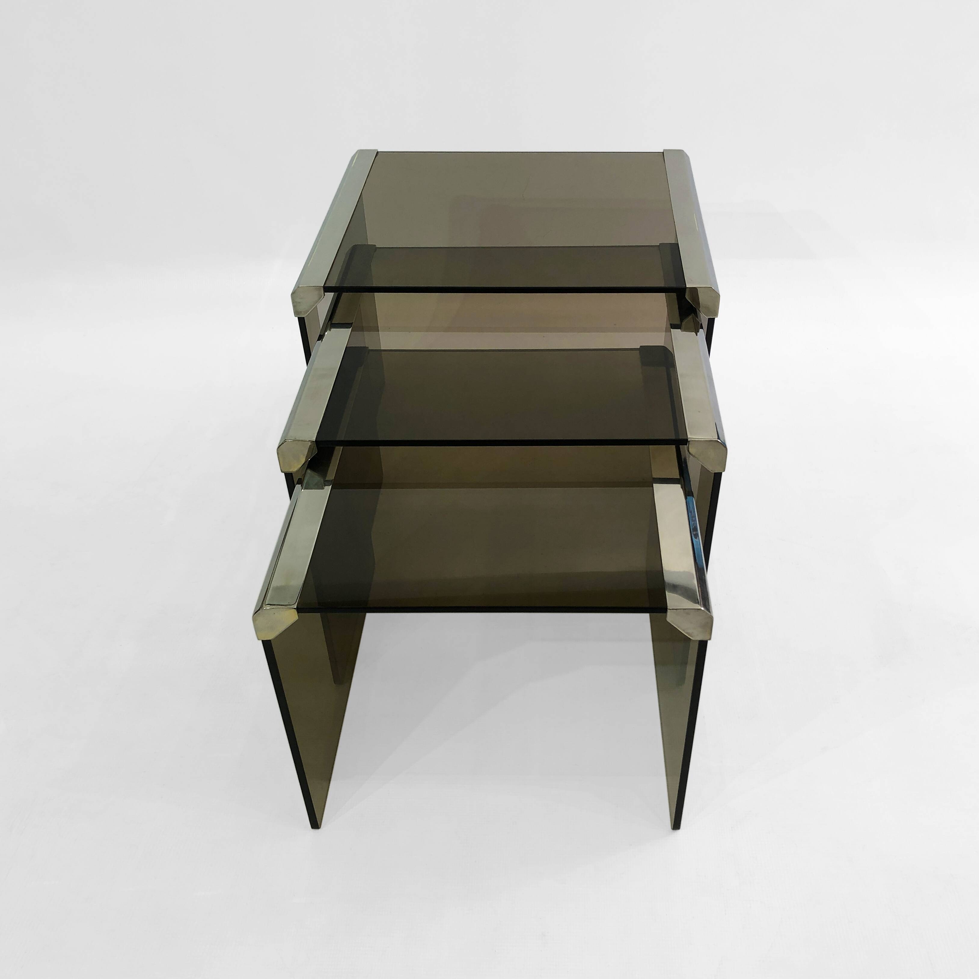 Gallotti & Radice ‘Tris’ T35 Smoked Glass Nest Side Tables Chrome