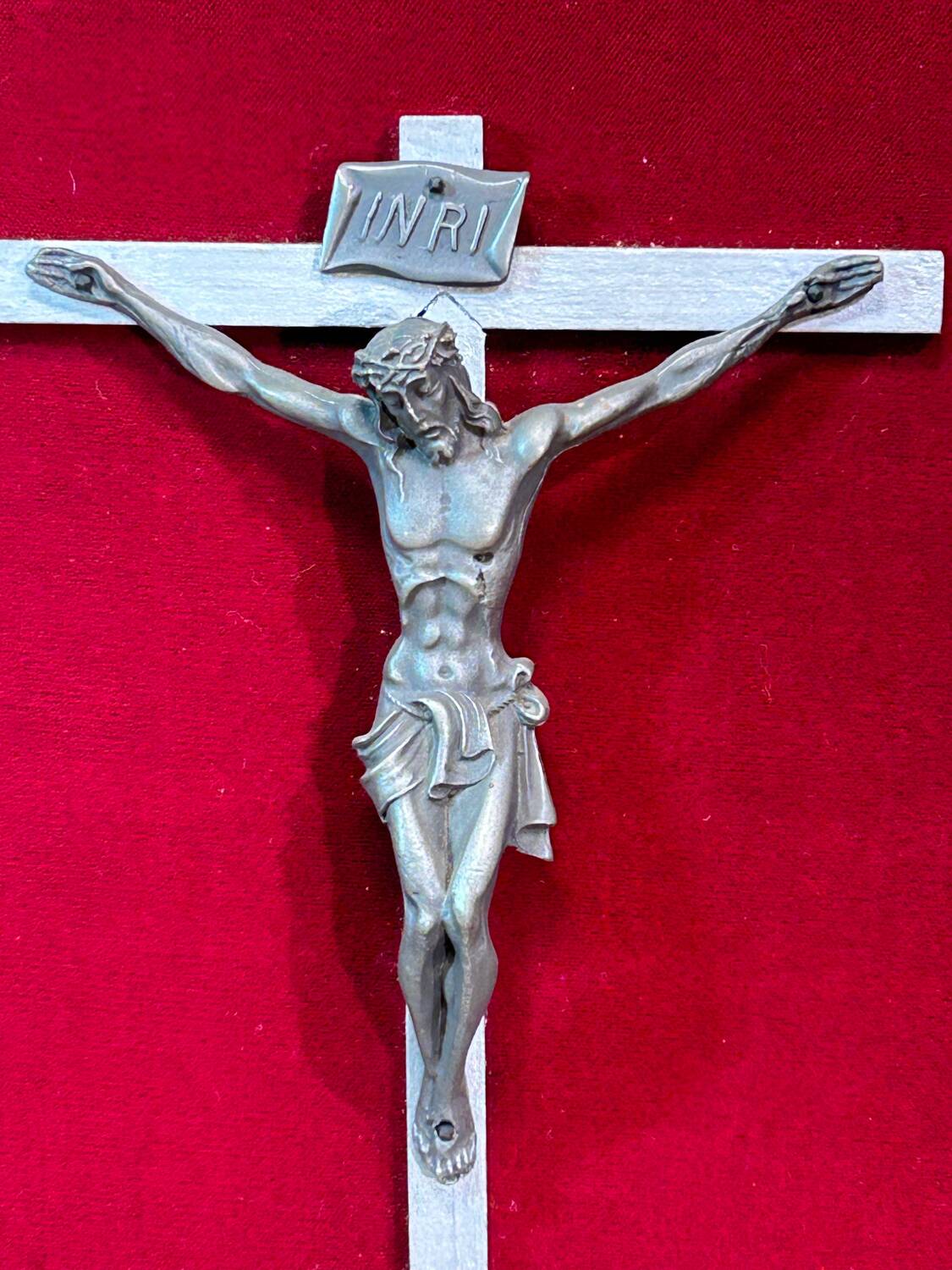 Crucifix, christ, on red velvet frame, silver wood, 50s, 60s, vintage