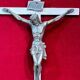 Crucifix, christ, on red velvet frame, silver wood, 50s, 60s, vintage