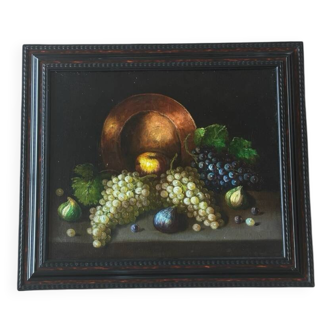 Still life painting, grapes and figs, oil on canvas.