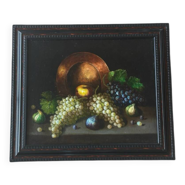 Still life painting, grapes and figs, oil on canvas.