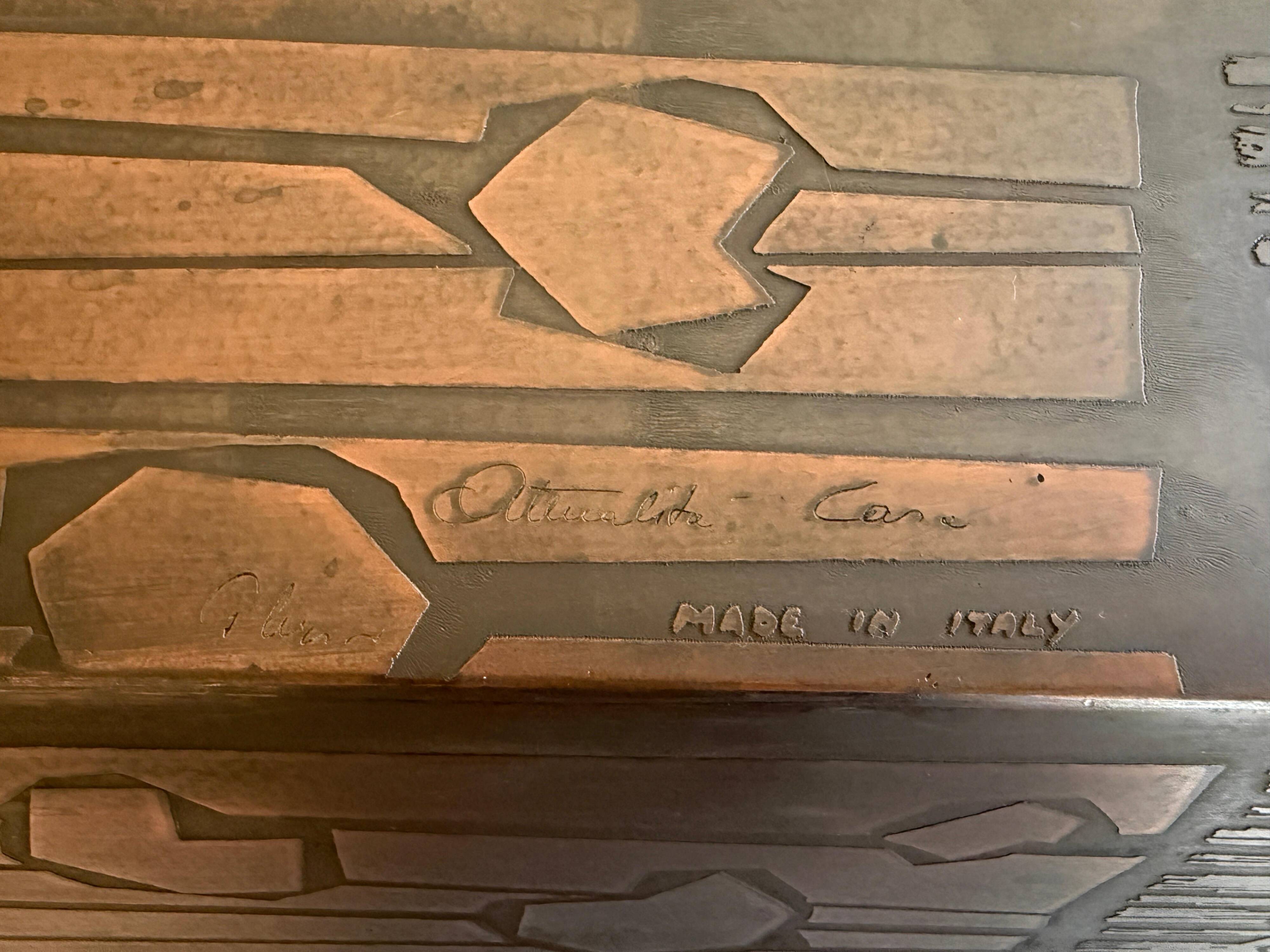 Hexagonal copper umbrella stand signed by the artist, 1960s, Italy.