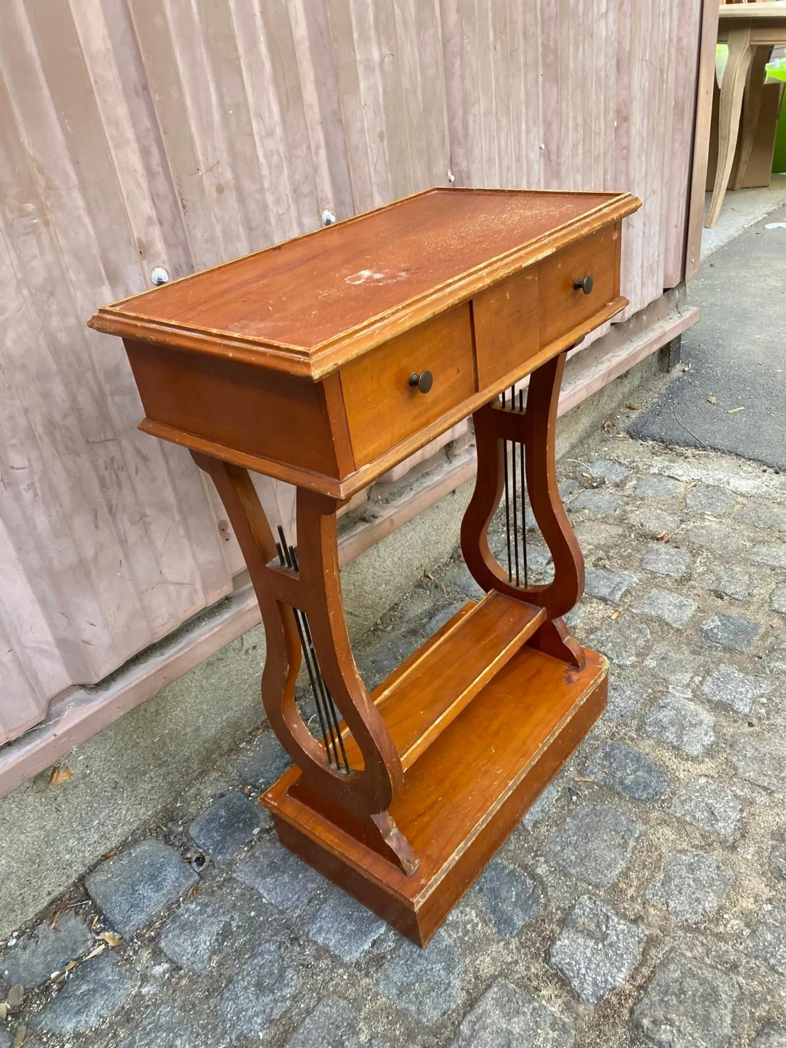 Vintage Wooden Console Table with Lyre Legs — Empire Directoire Style 1960