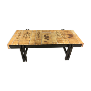 Table basse vintage Roger Capron en bois et céramique de vallauris années 60 70