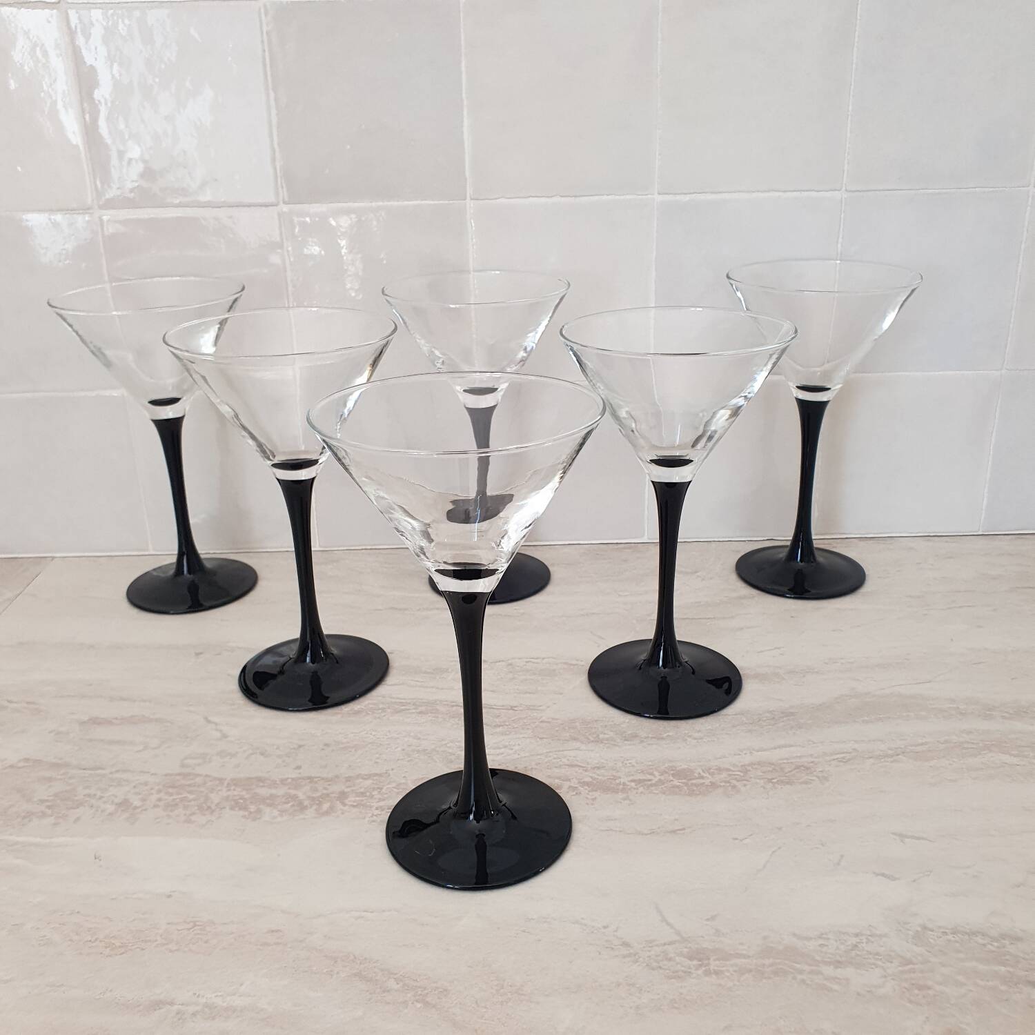 6 cocktail glasses / black stem martini glasses