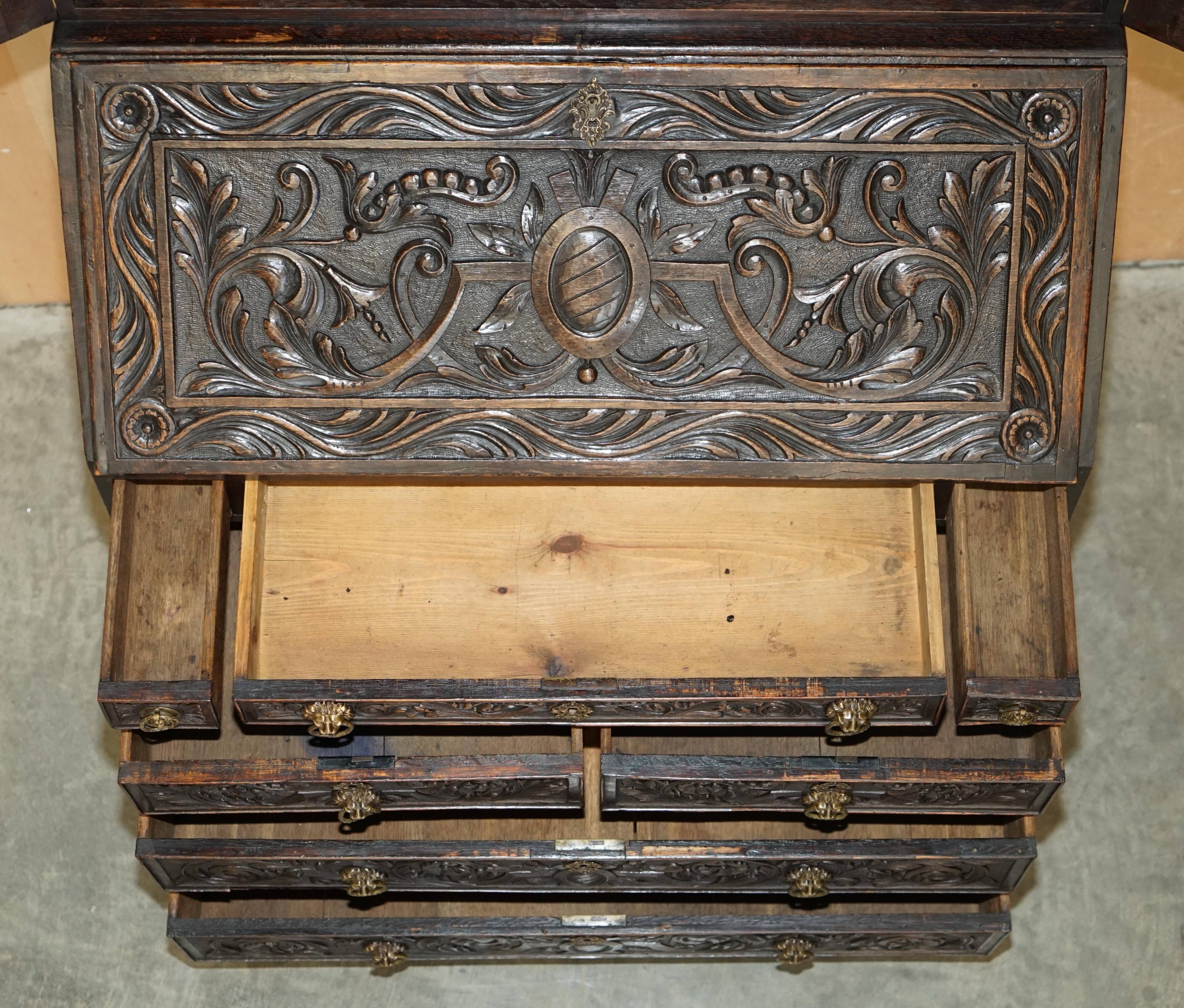 Library Desk in Carved Oak with Brass Handles
