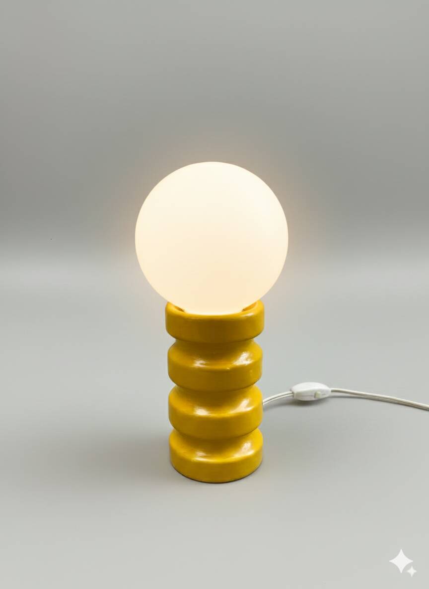 Vintage yellow glazed ceramic lamp with opaline globe – 1970s