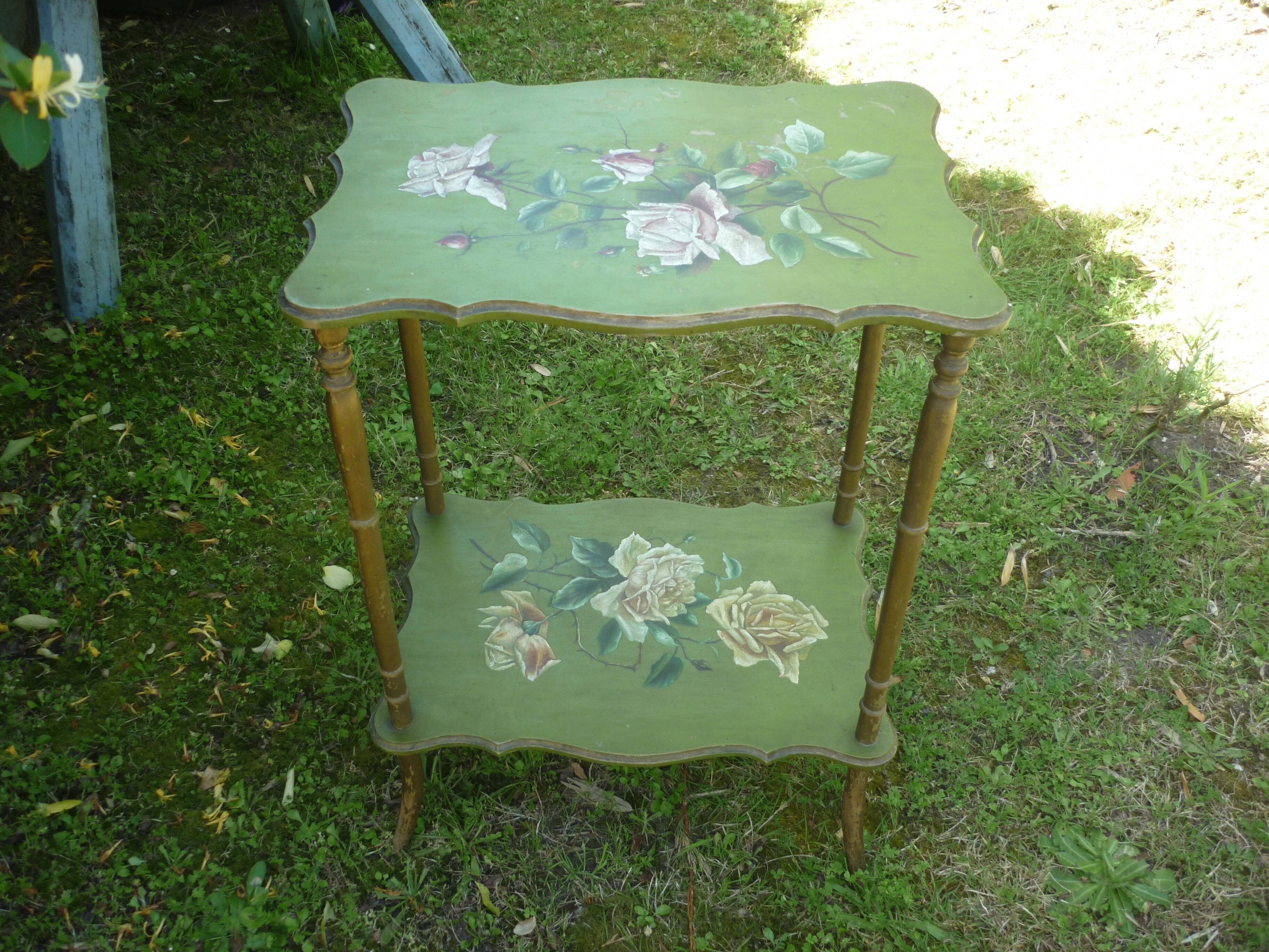 wooden side table painted flowers