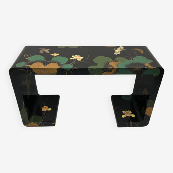 Chinoiserie waterfall console table 1970s exotic birds black