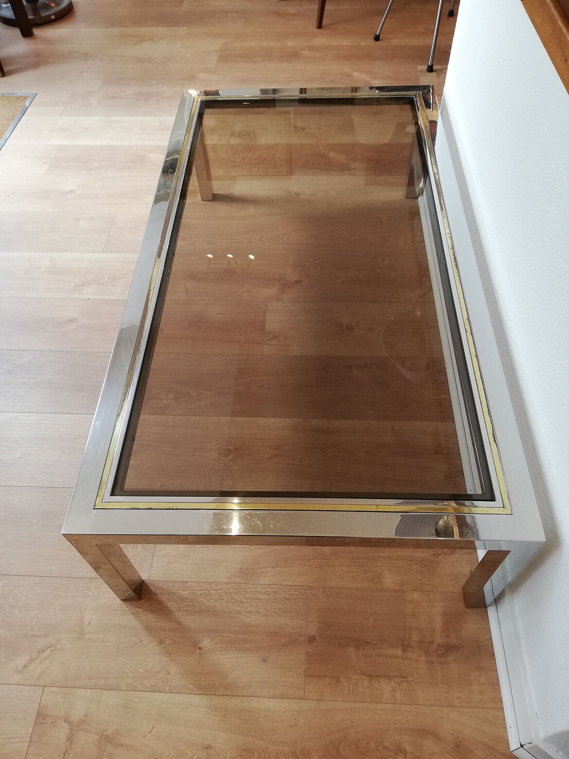 Chrome metal, brass and smoked glass coffee table to taste like Willy Rizzo
