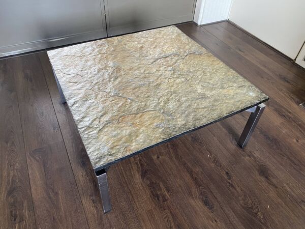 table Basse En Acier Et Pierre D’ardoise Vintage, Moderniste Du milieu Du Siècle, Années 1950